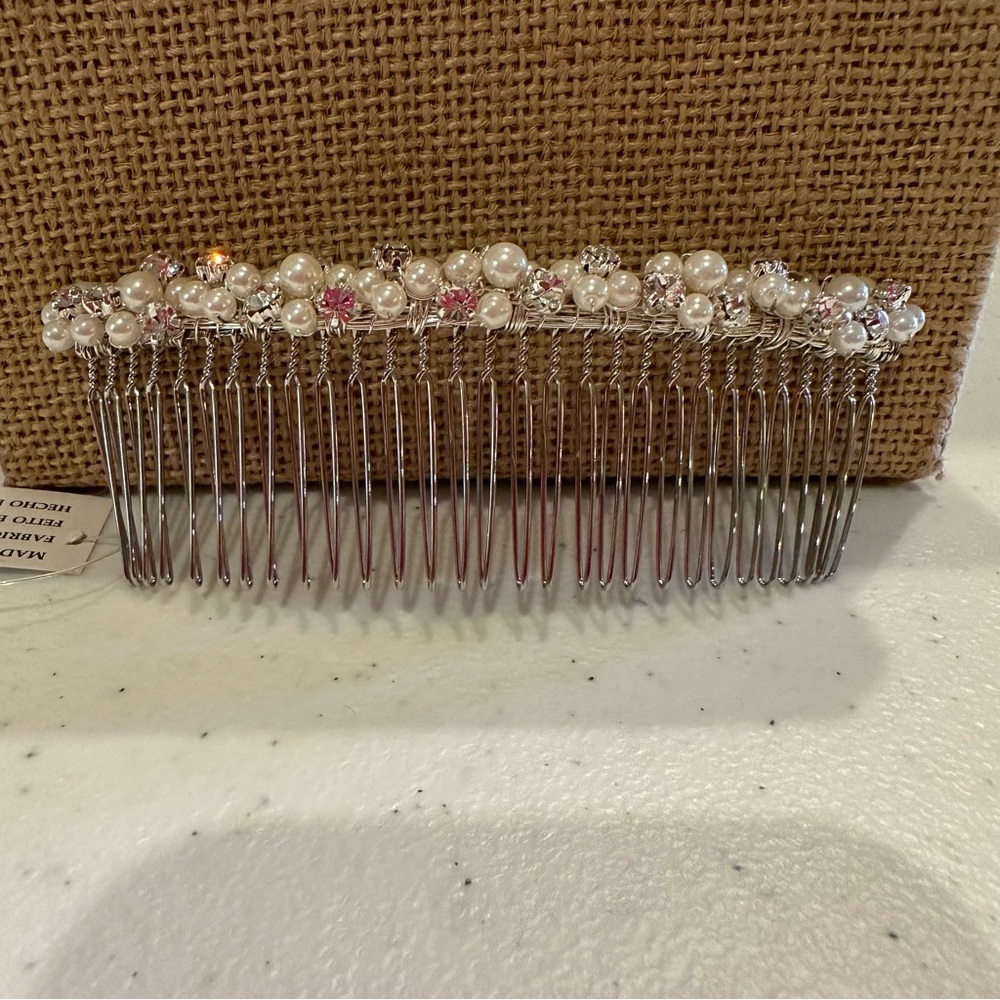 New with Tag Bridal Hair Comb, silver with faux pearls and clear rhinestones
